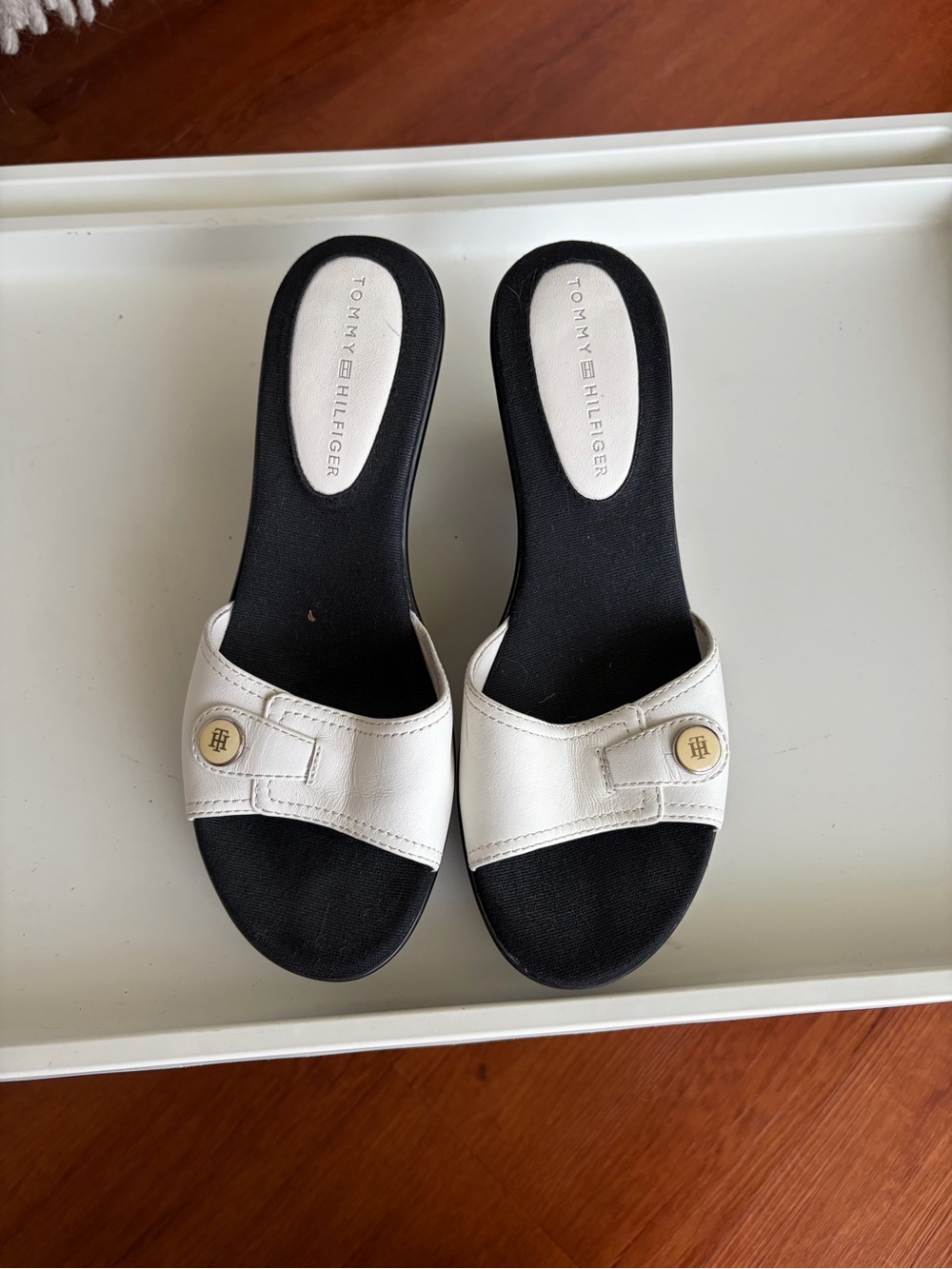 Tommy Hilfiger White Leather Slide Mules with Black Footbed